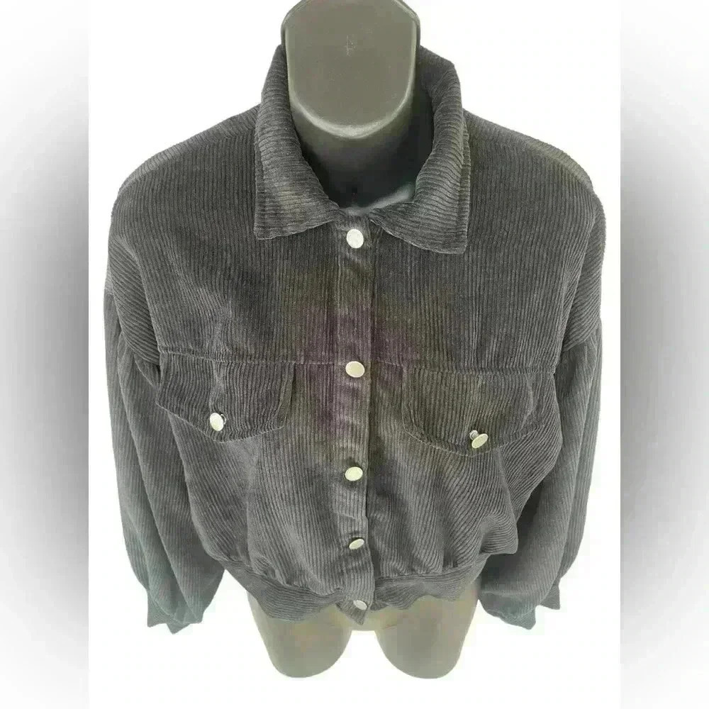 SHEIN women’s corduroy black cropped jacket puffy sleeve patched pockets sz S - Picture 4 of 8